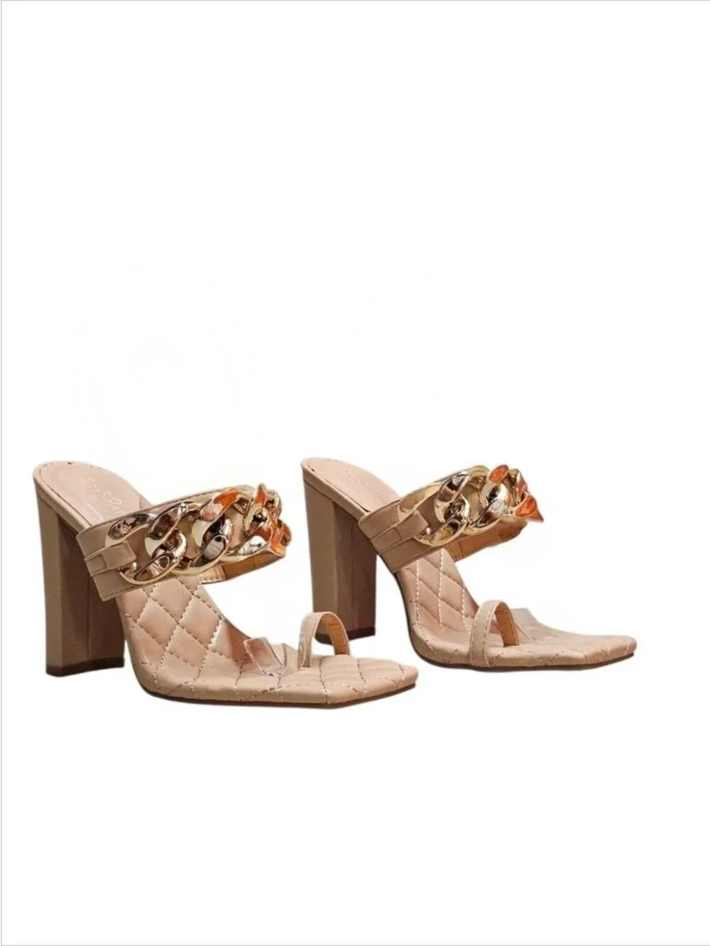 Quilted Nude Heeled Sandals With Gold Chain Detail & Square Toe Design - Picture 9 of 10